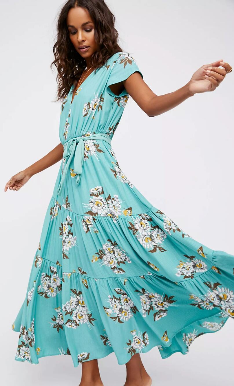 Free People All I Got Floral Printed Tiered Silhouette Maxi Dress Turquoise 4